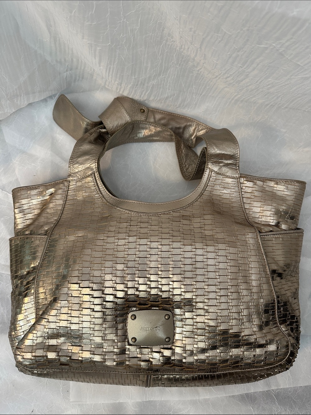 Jimmy Choo Keeya Slashed Gold Leather Hobo Bag